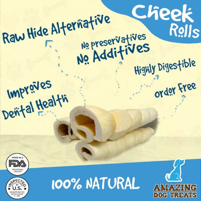 4" Mega Thick Beef Cheek Rolls (6 Count) - Safe Rawhide Alternative Dog Chew Amazing Dog Treats