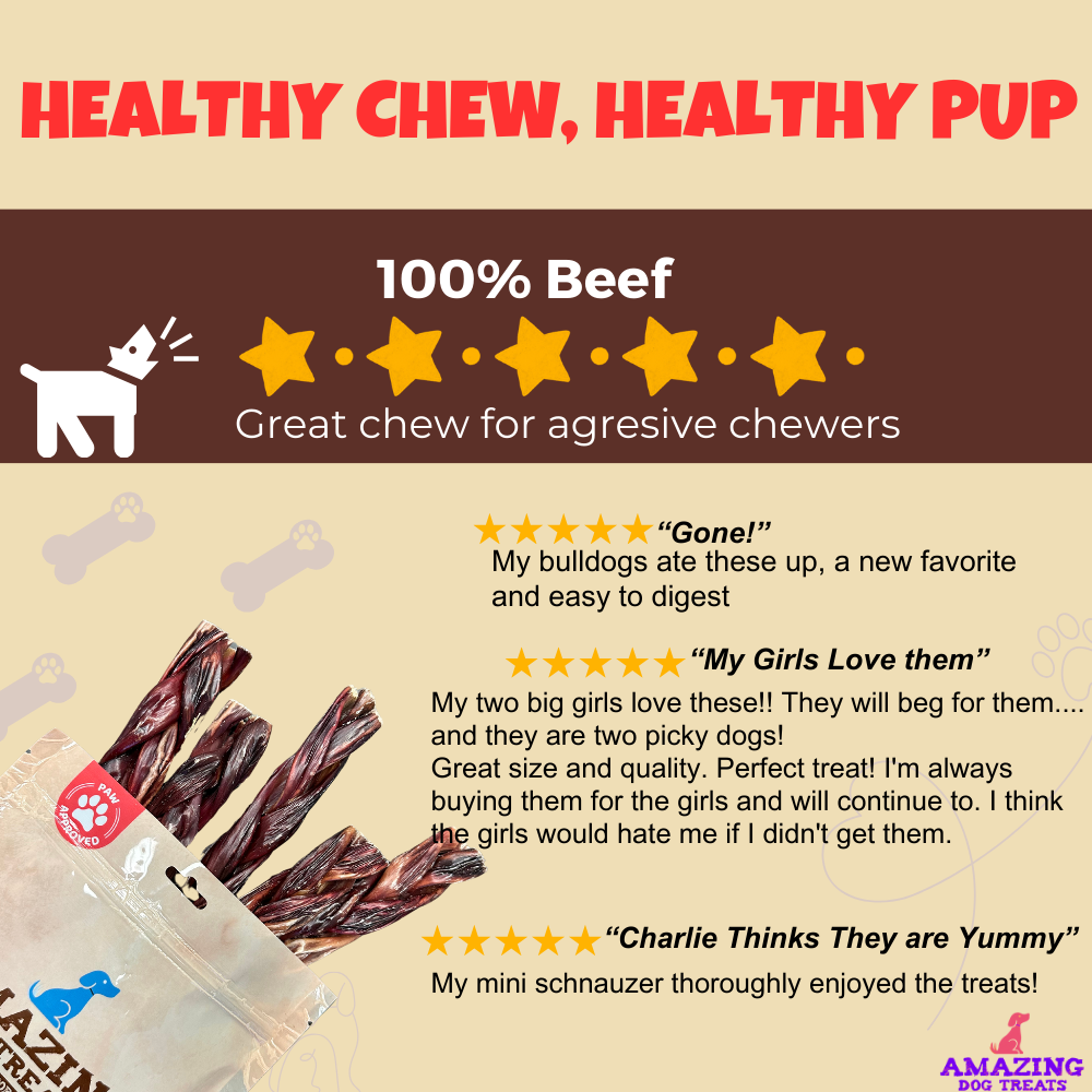 6 Inch Braided Gullet Stick - Dog Jerky Treats - Beef Esophagus - Gullet Sticks For Dogs - Braided Gullet Sticks Dog Chews - Beef Esophagus Dog Treats Amazing Dog Treats