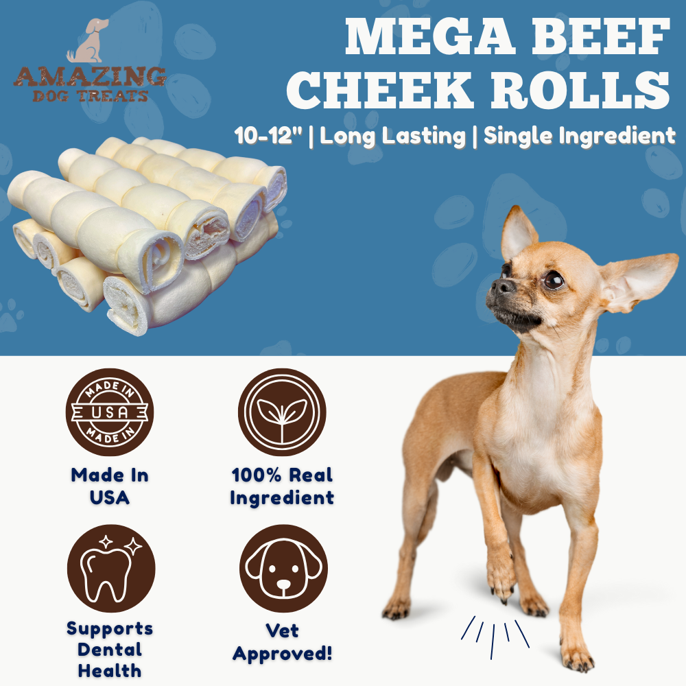10" Mega Thick Beef Cheek Rolls - Safe Rawhide Alternative Dog Chew Amazing Dog Treats