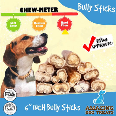 6" Regular Bully Sticks - Rawhide Alternative Dog Chew - Amazing Dog Treats